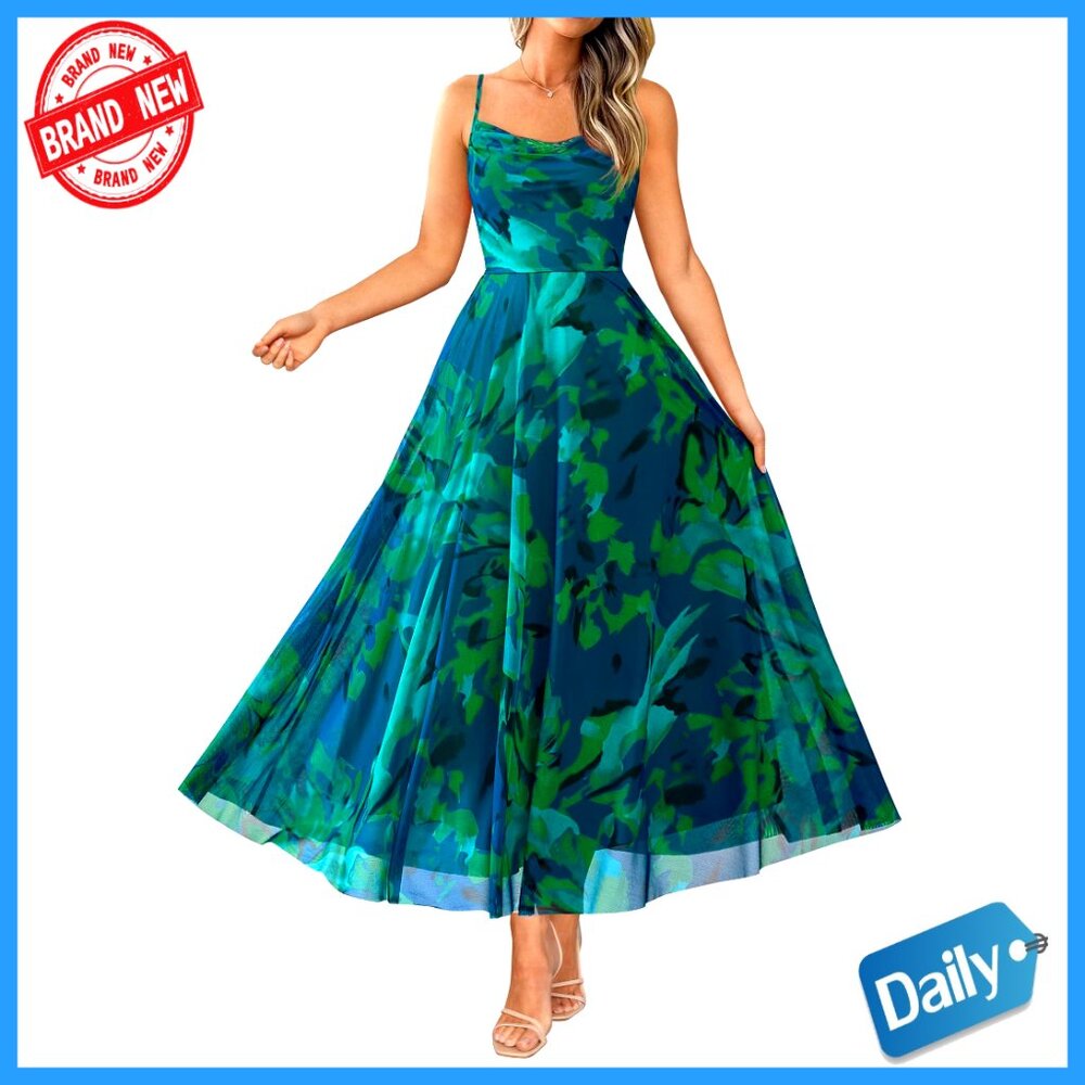Mesh Maxi Dress Spaghetti Strap Cowl Neck A-Line Formal Casual